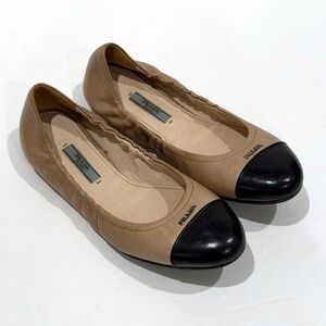 Prada Vitello Cap Toe Logo Ballet Flats Size 39 1/2